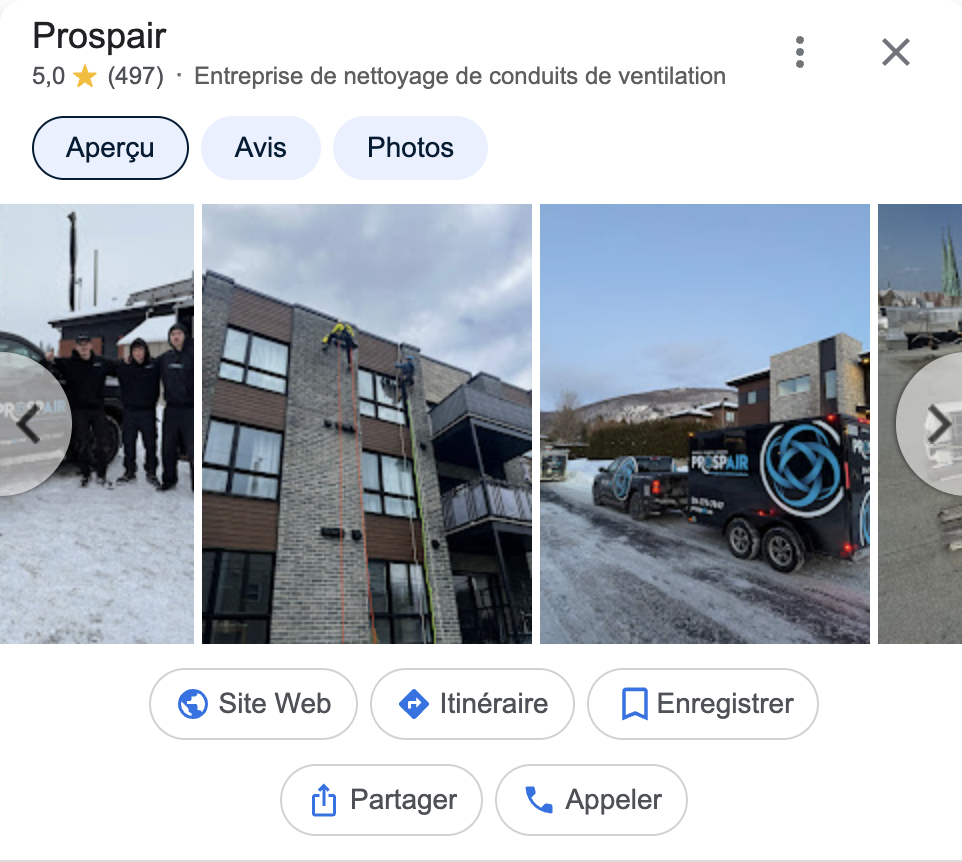 Fiche Google Prospair · 5,0 étoiles · 497 avis