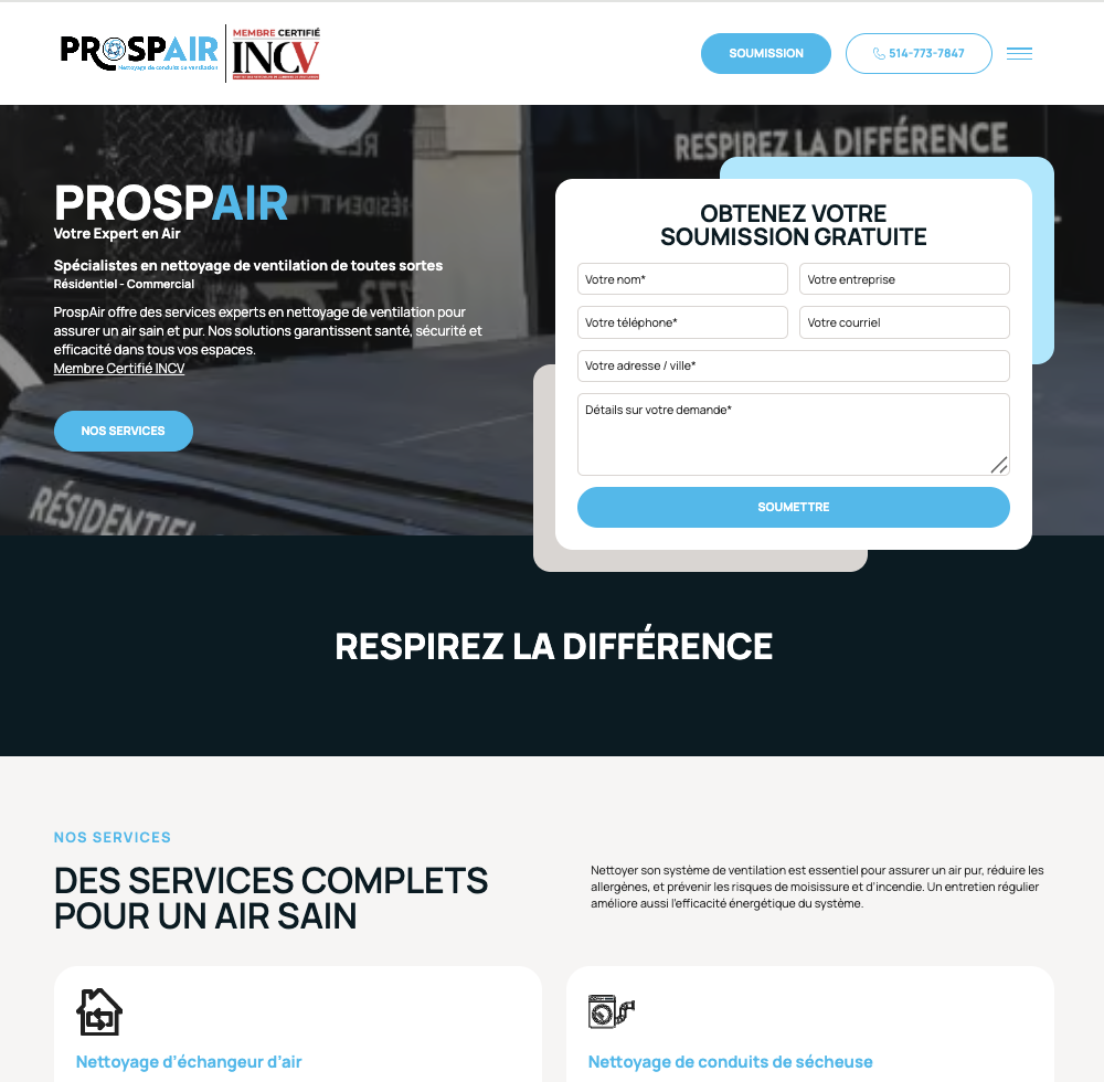 Site web de Prospair conçu par Webici