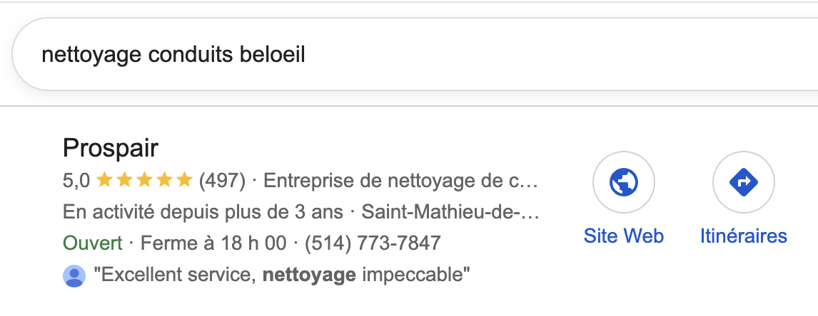 Prospair premier sur Google pour nettoyage conduits Beloeil